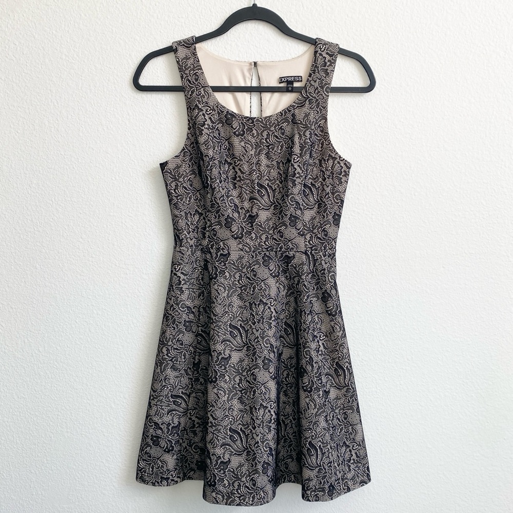 Express Lace Print Black & Nude Fit & Flare Cocktail Dress